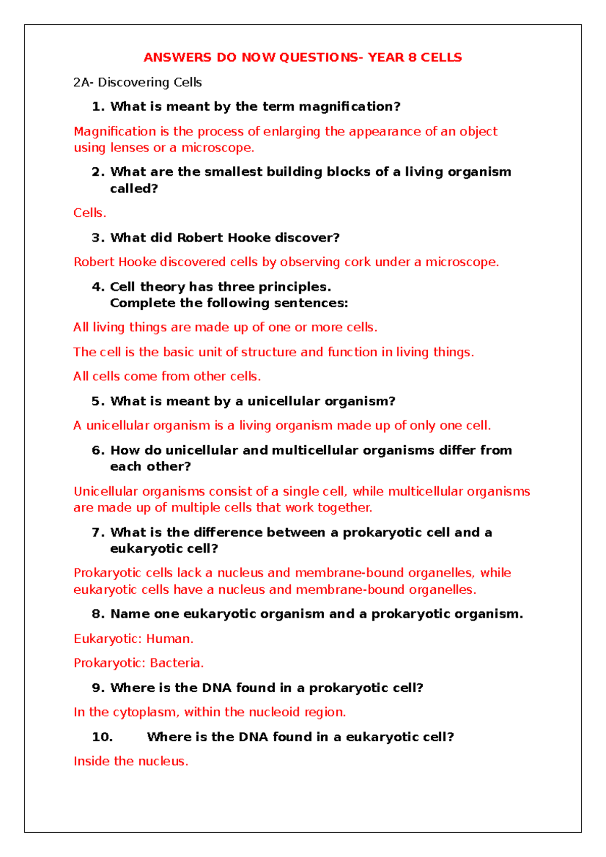 Answers DO NOW Yr 8 Cells: Understanding Cell Structure & Function ...