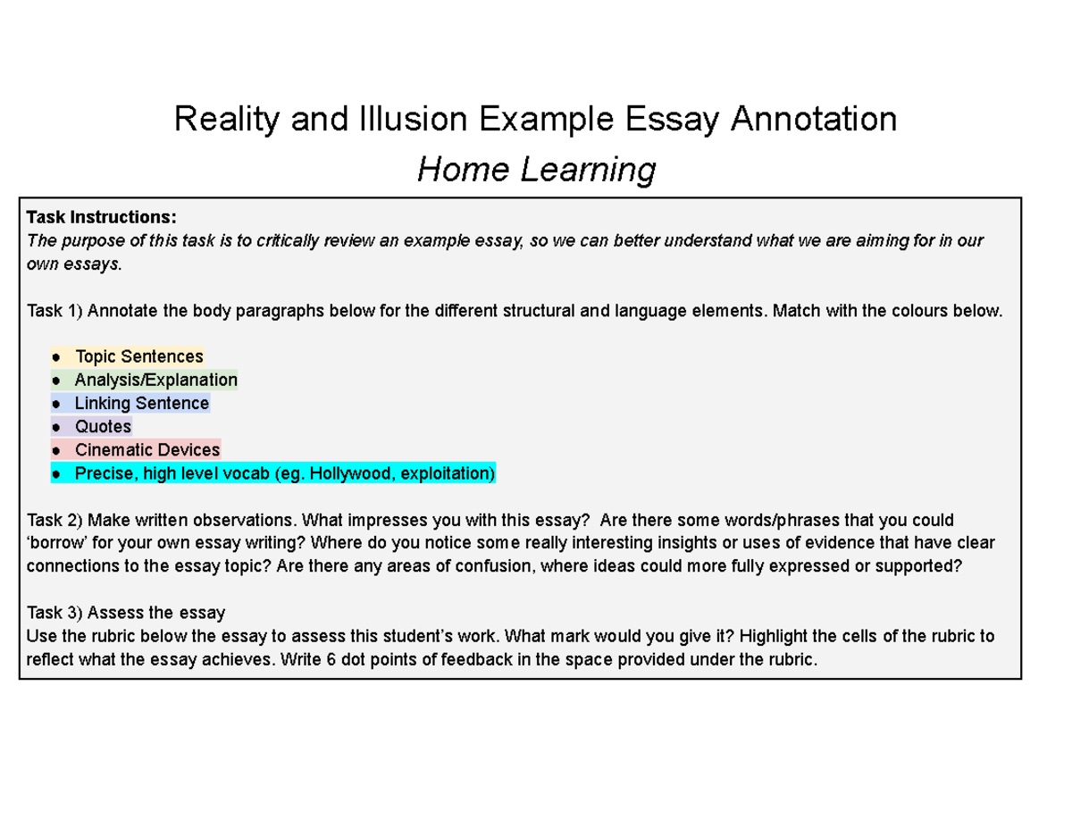 Reality and Illusion Essay Annotation - Home Learning Task - Studocu