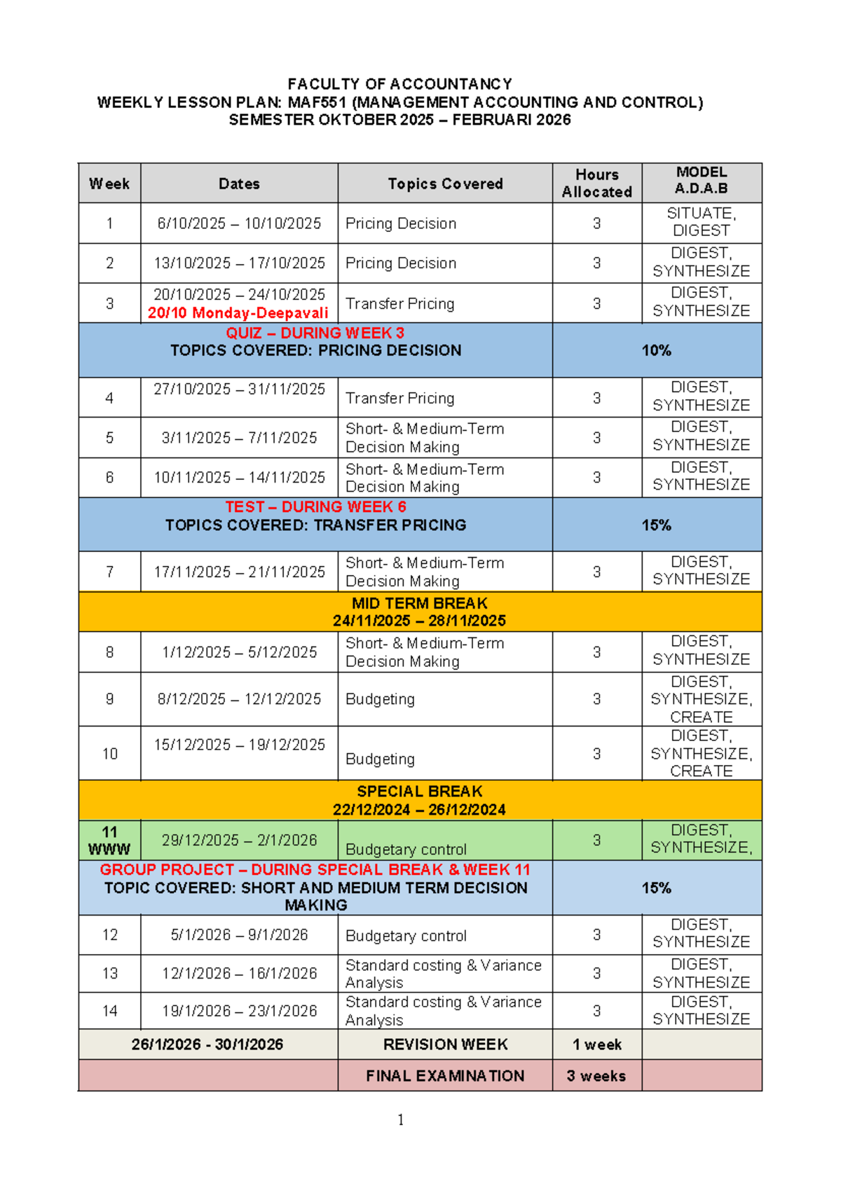 Weekly Lesson Plan for MAF551: Management Accounting & Control - Studocu