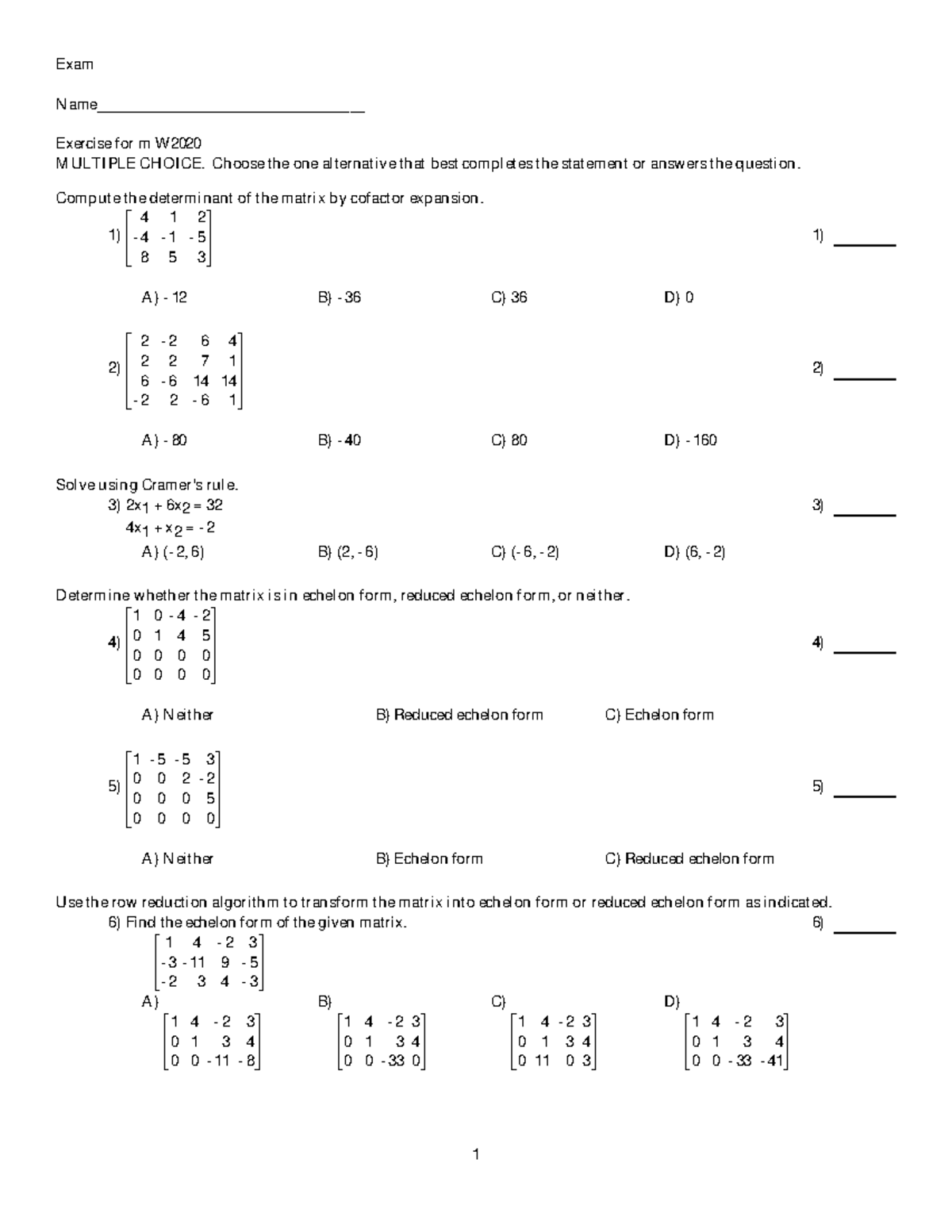 Practice Midterm Exam MATH2020: Matrix Operations & Determinants - Studocu