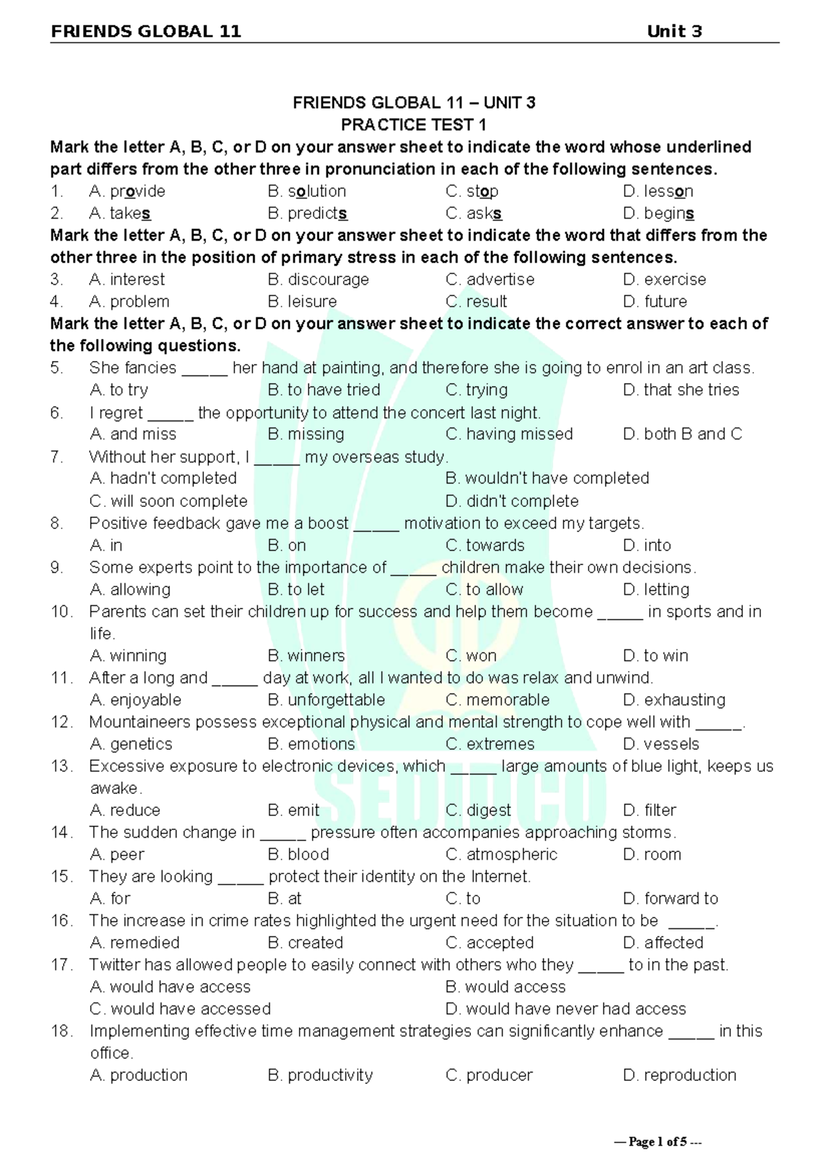 Tieng Anh 11 FRIENDS GLOBAL - Unit 3 Practice Test 1 - Studocu