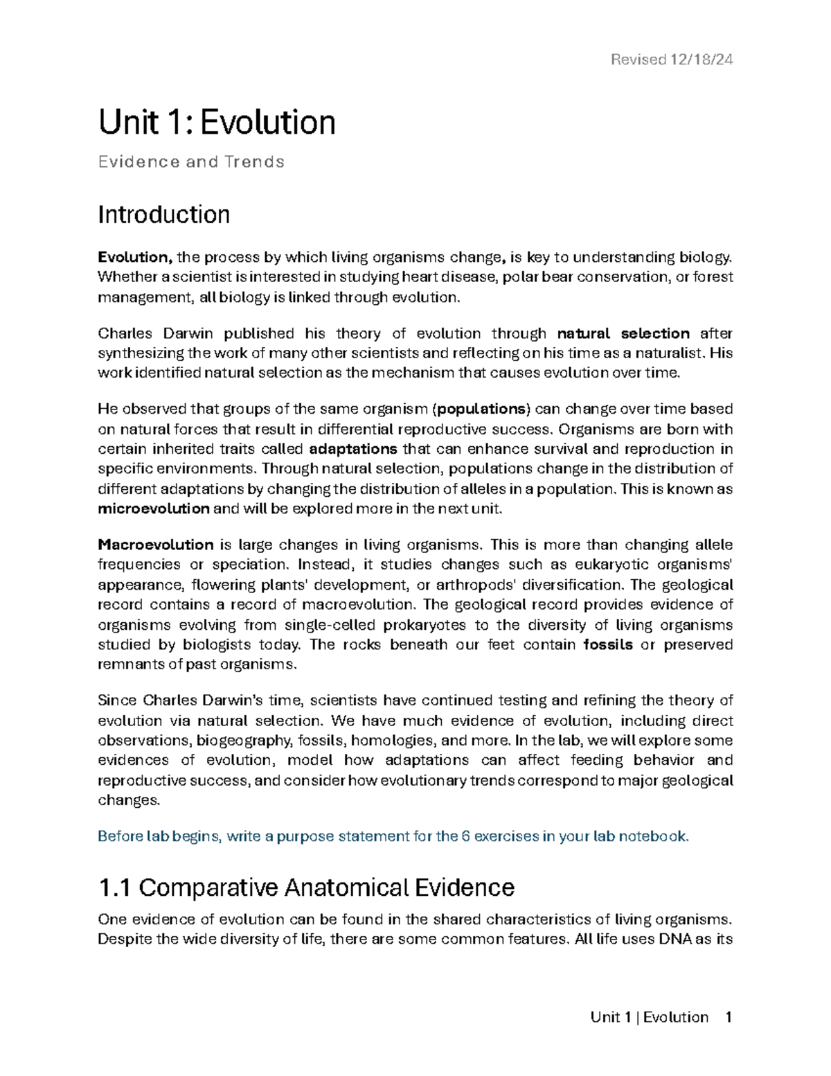 Unit 1 Lecture Notes: Evolution, Evidence, and Trends in Biology - Studocu