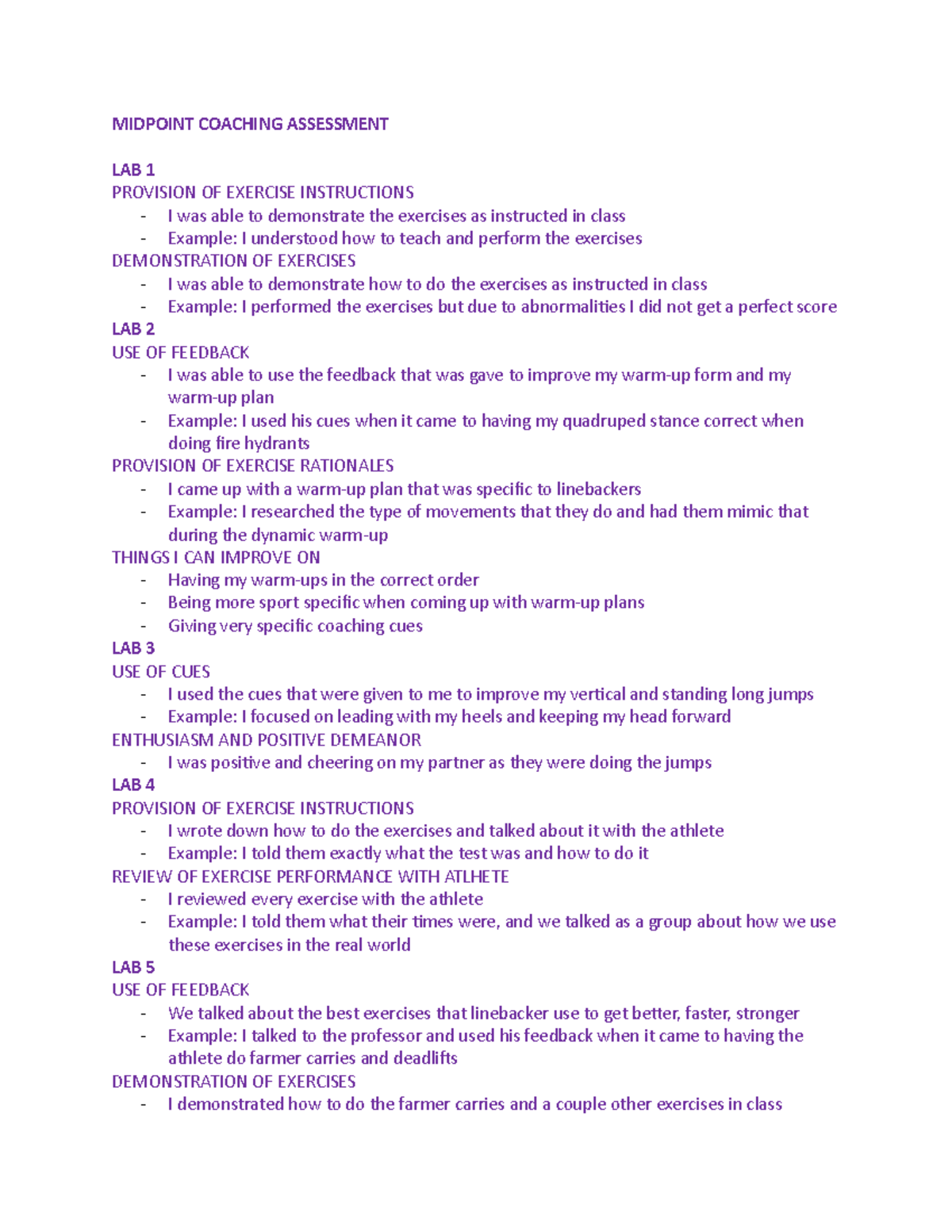 Midpoint Coaching Assessment: Lab Progress and Improvement Strategies ...