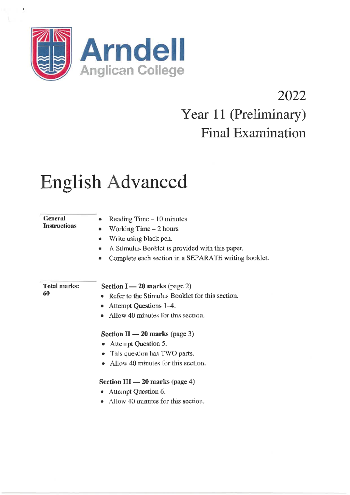 Arndell Anglican College 2022 Year 11 Preliminary Final Exam English ...