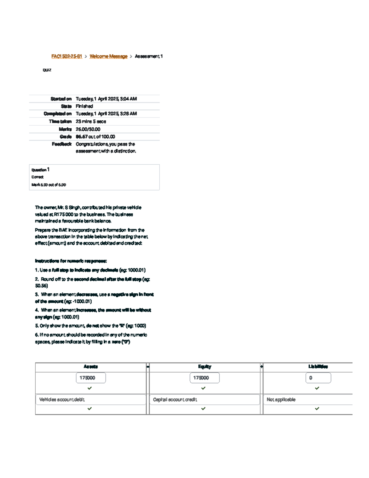 Assessment 1 Quiz Results and Basic Accounting Equation Analysis - Studocu