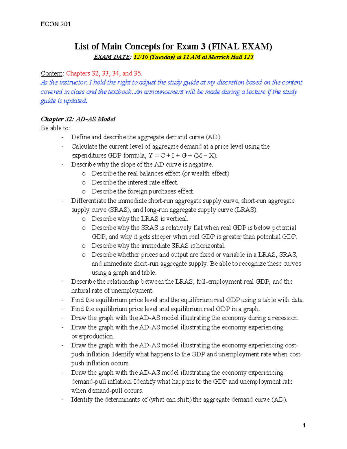 Final Exam Study Guide for ECON 201: Fiscal & Monetary Policy Concepts ...