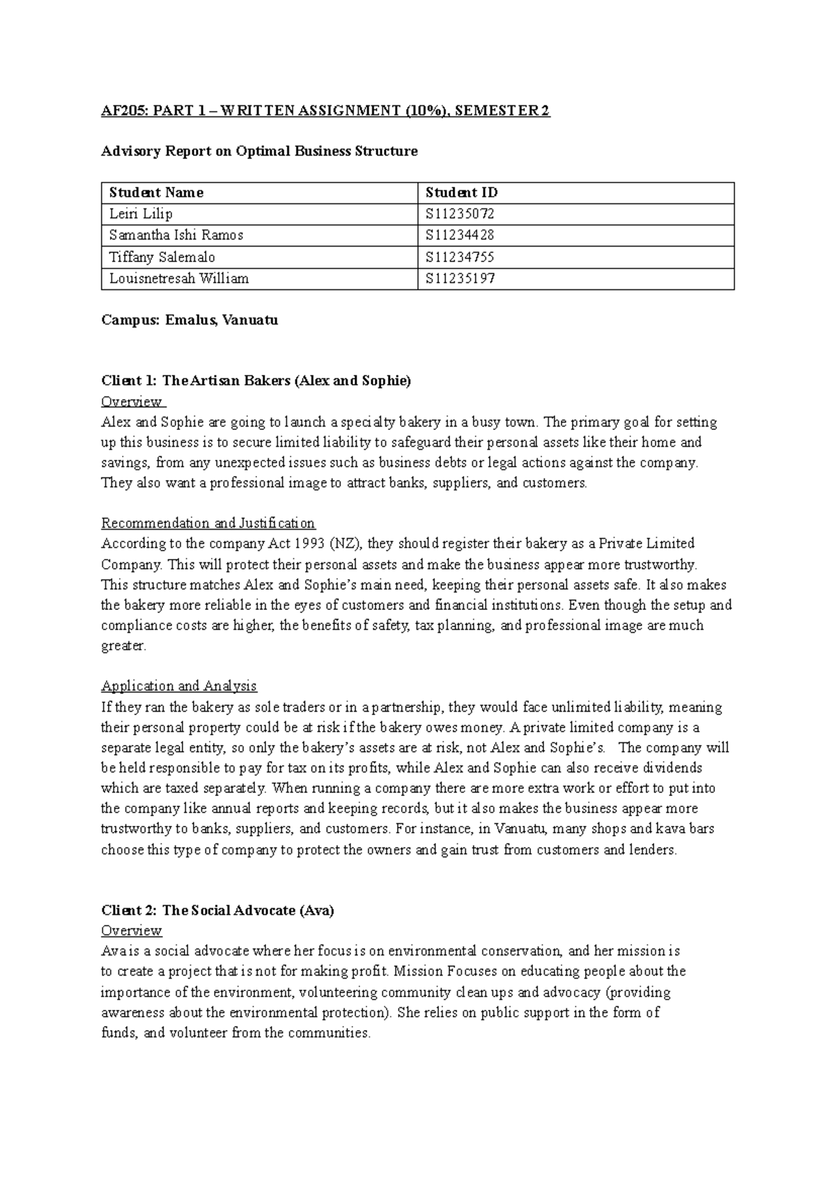AF205: Advisory Report on Optimal Business Structures for Clients - Studocu