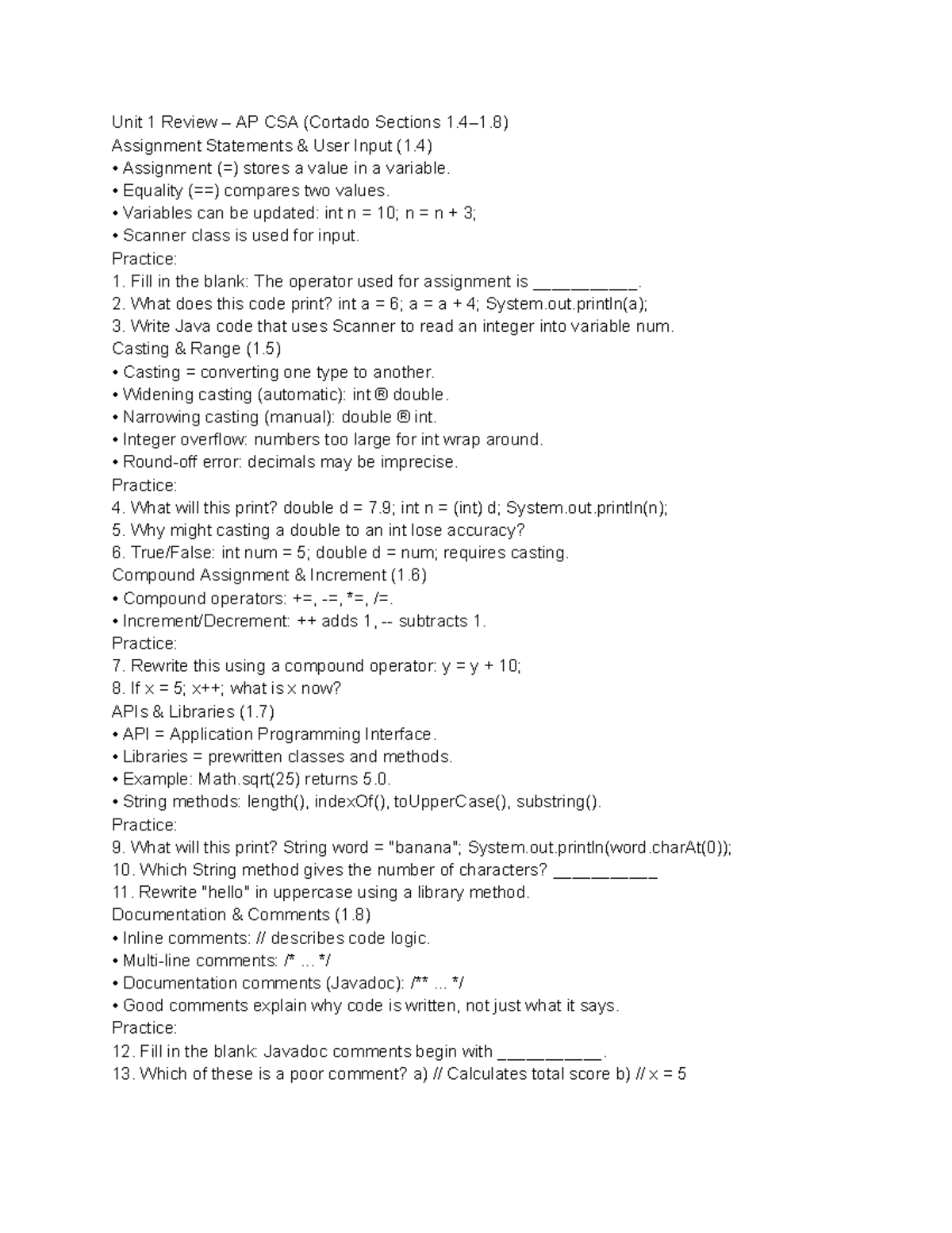Unit 1 Review for AP CSA (Sections 1.4-1.8) & Practice Exercises - Studocu