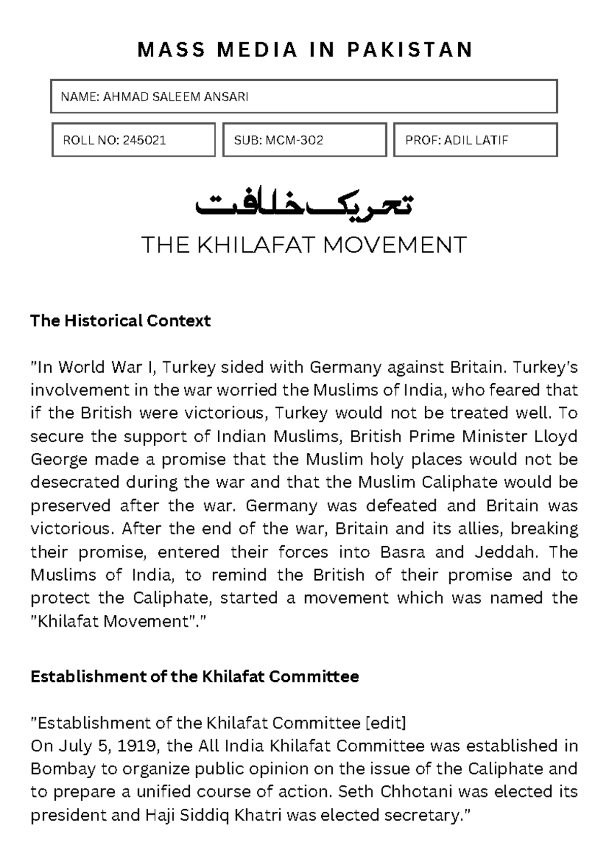 MCM-302 Assignment: The Historical Context of the Khilafat Movement ...