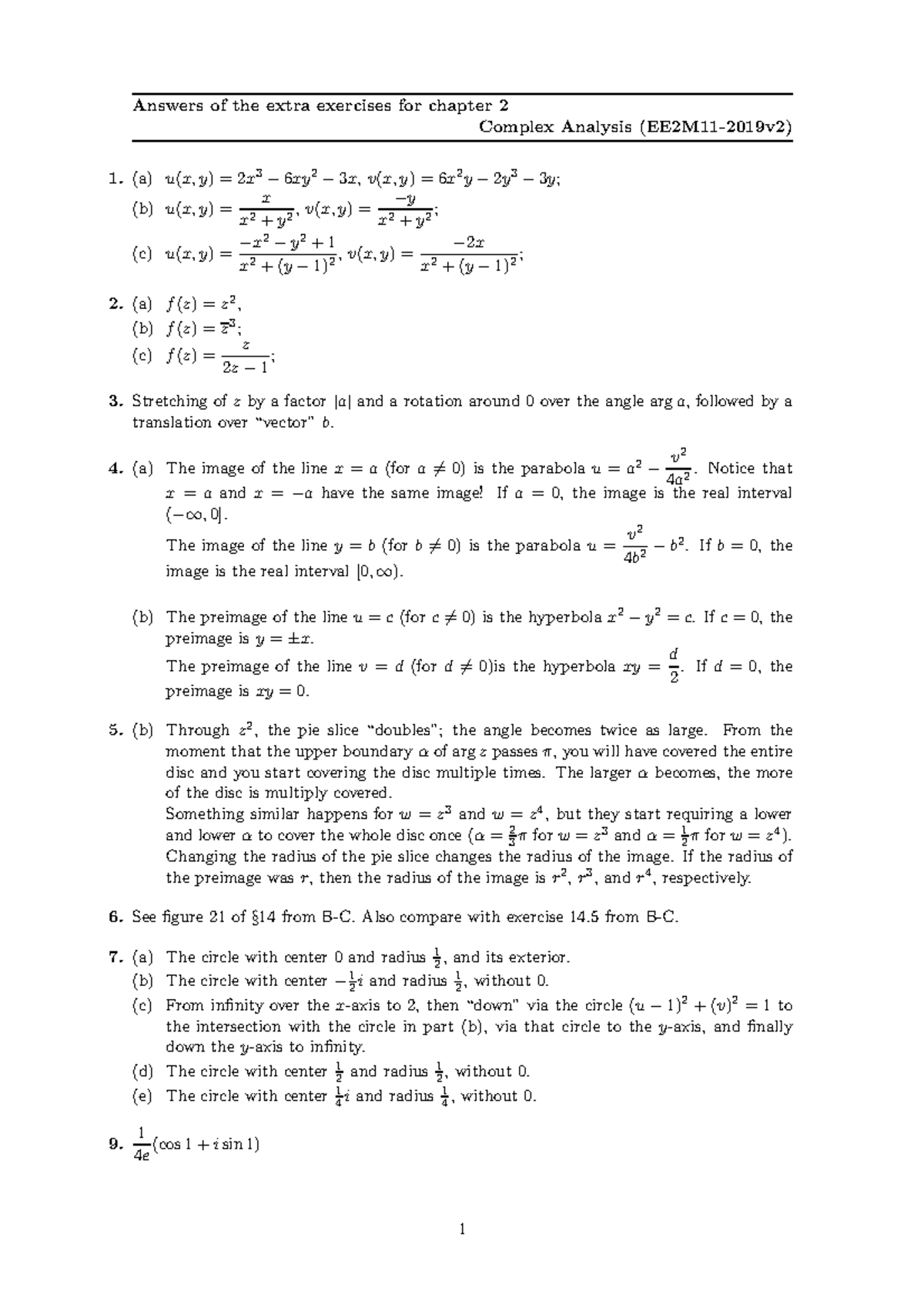 Extra Exercises Answers for Chapter 2 - Complex Analysis 1 (H2 ...