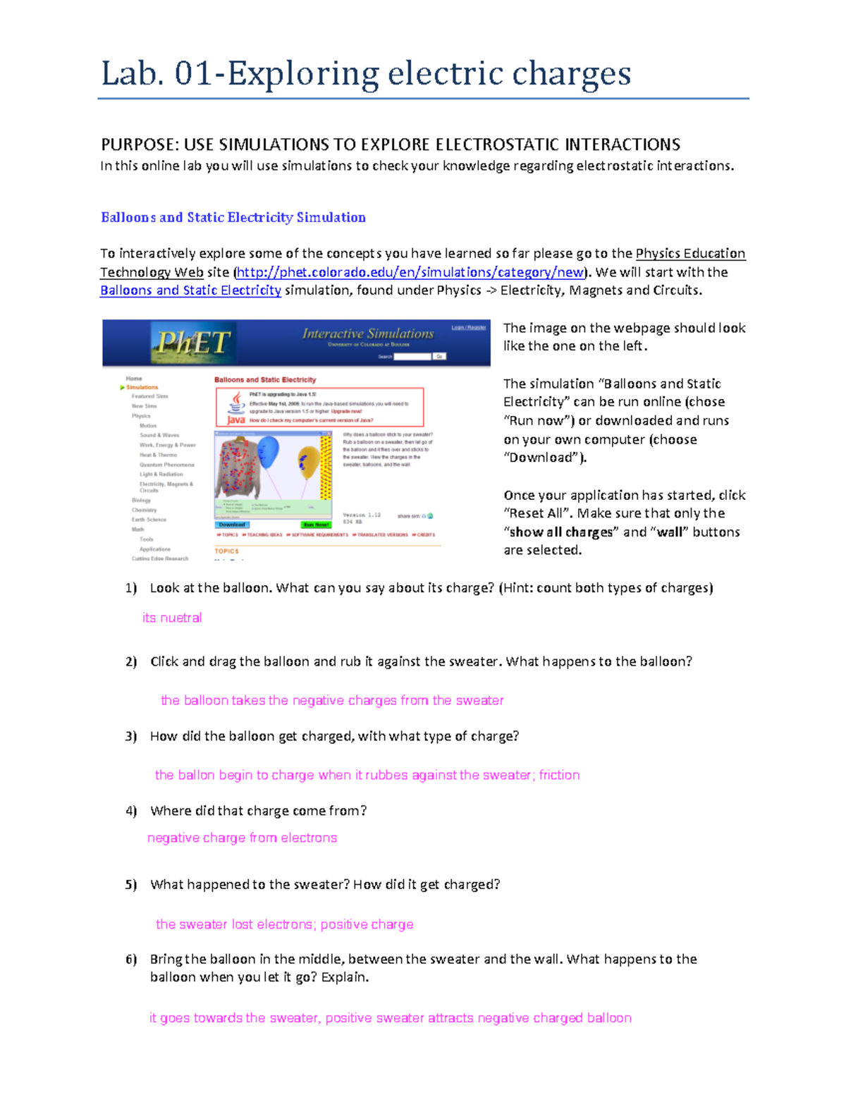 Lab 01: Electric Charges Exploration and Simulations - Studocu