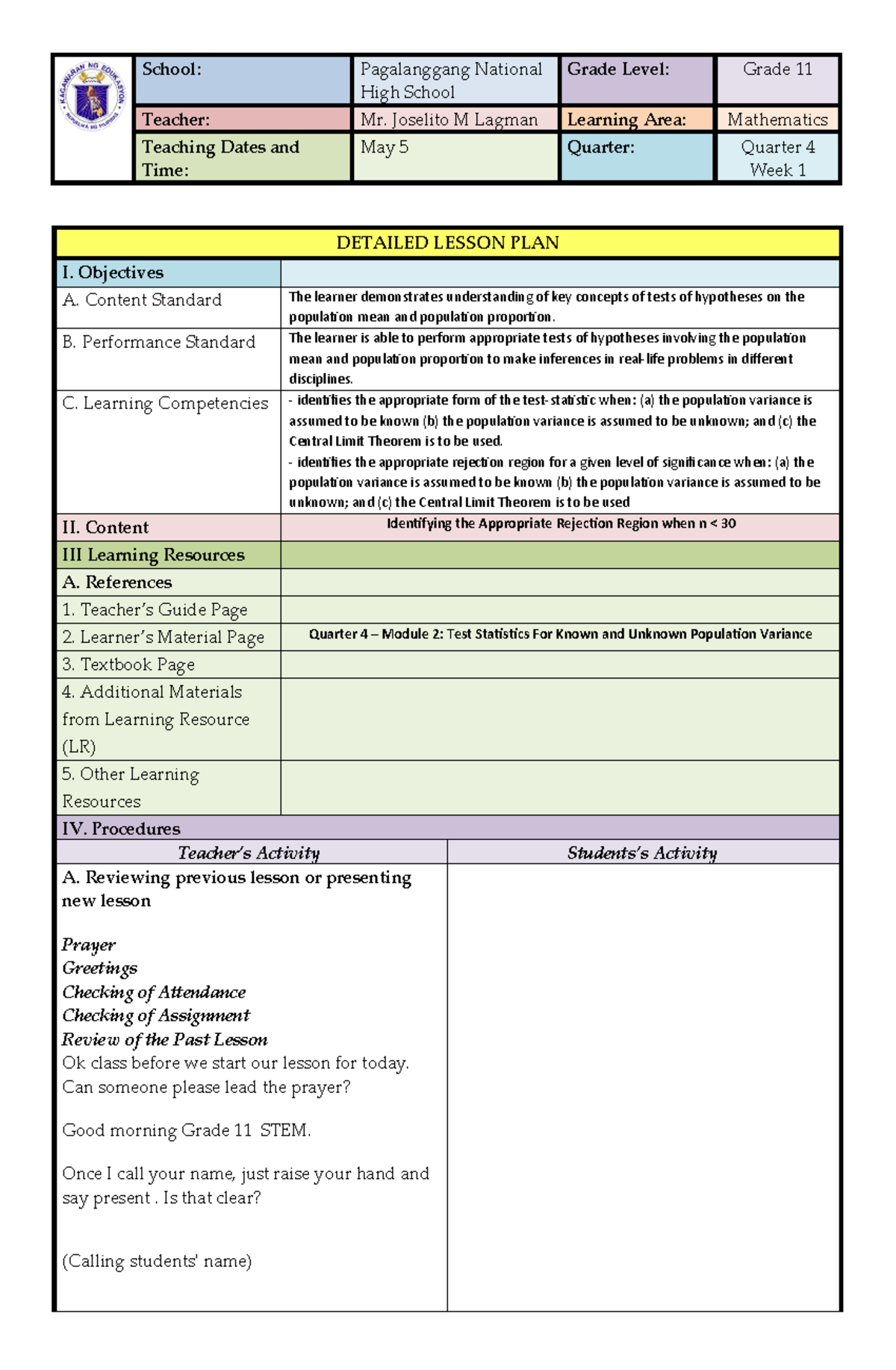 Mathematics Lesson Plan: Hypothesis Testing (Grade 11) - Studocu