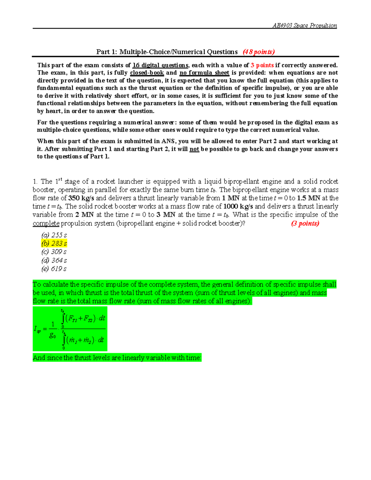 AE4903 Space Propulsion: Sample Exam 1 Solutions and Questions ...