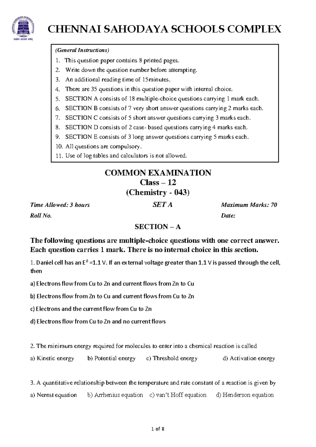QP CHEM PB1 2023-24 SET 2 - General Instructions: Read the following ...
