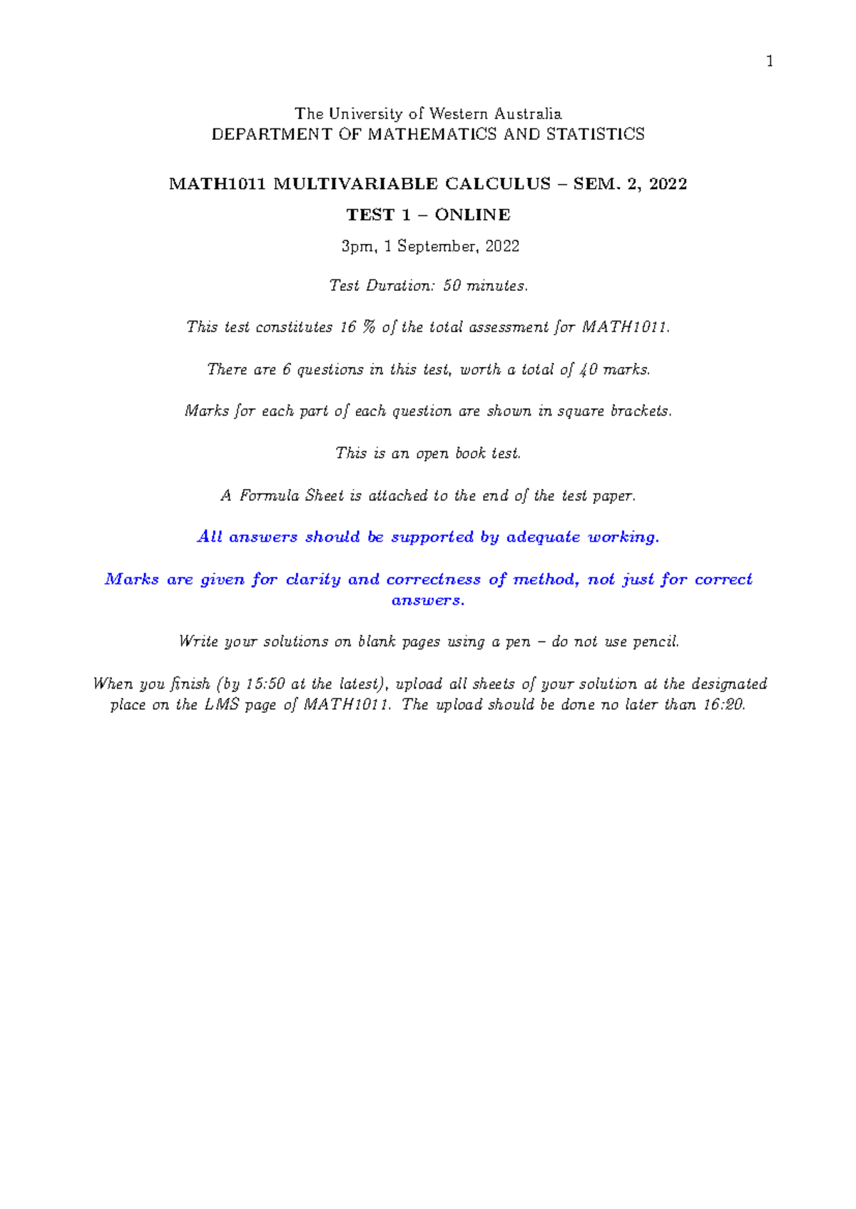 MATH1011 Multivariable Calculus Test 1 - September 2022 - Studocu