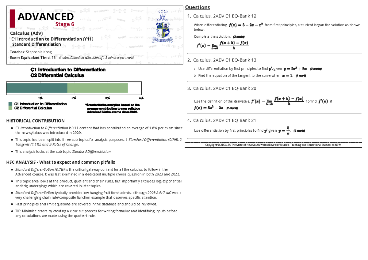 ADV Stage 6 Calculus (Adv) C1 Differentiation HSC Questions - Studocu