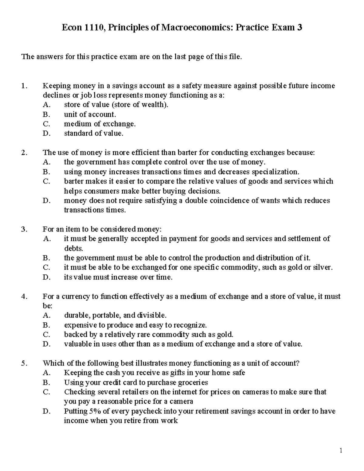 Econ 1110: Principles of Macroeconomics Practice Exam 3 Answers - Econ ...