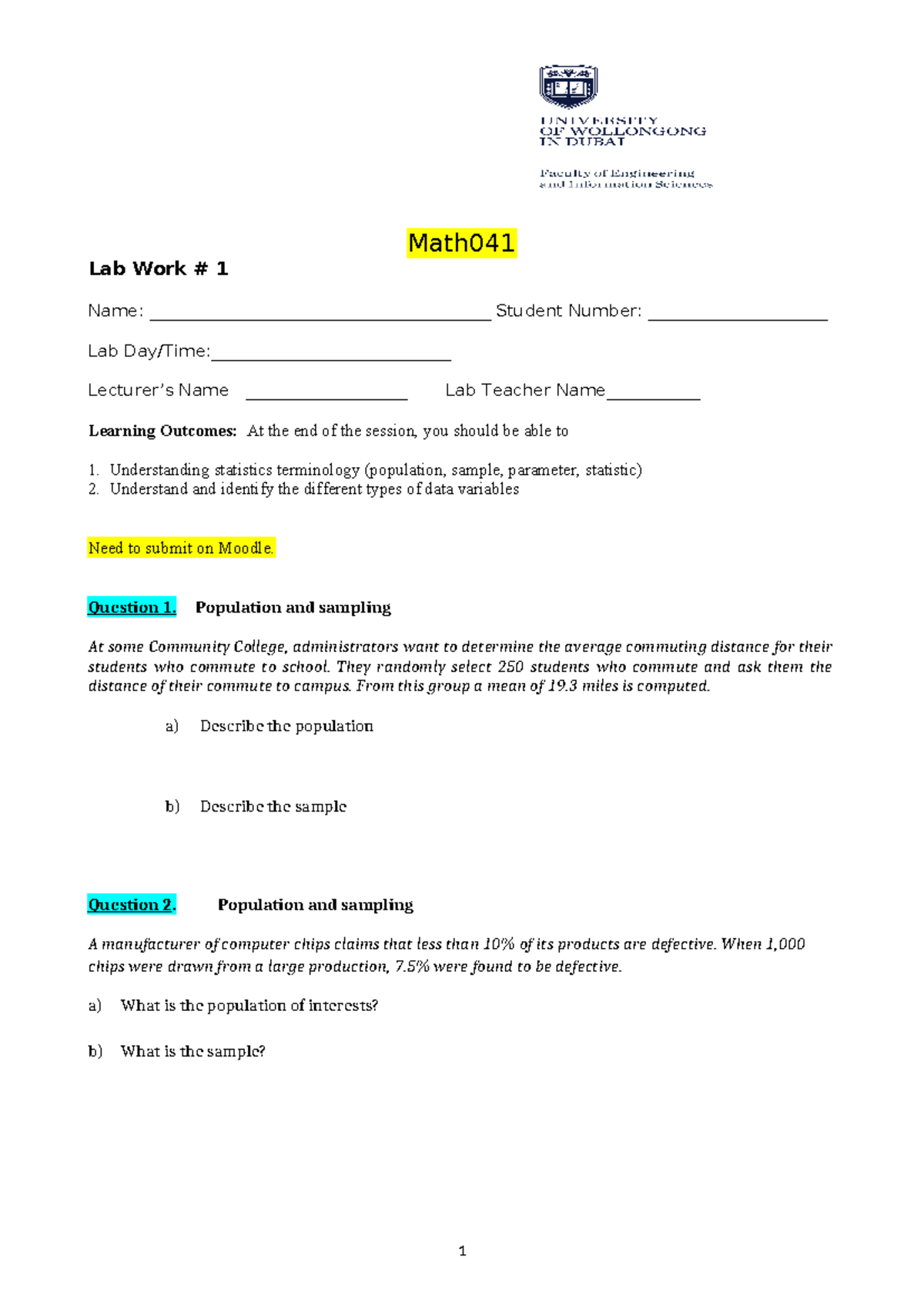 Math041 Week 1 workshop 2 - Math Lab Work # 1 Name