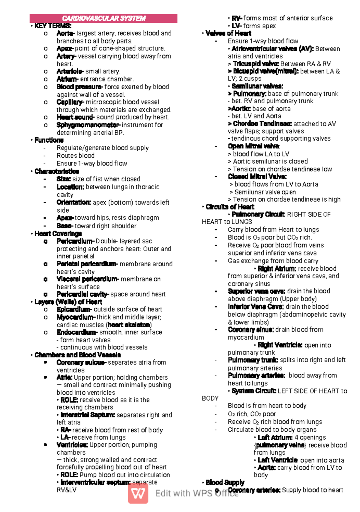 CARDIOVASCULAR SYSTEM: KEY TERMS & CONCEPTS (BIO 101 Finals Notes ...