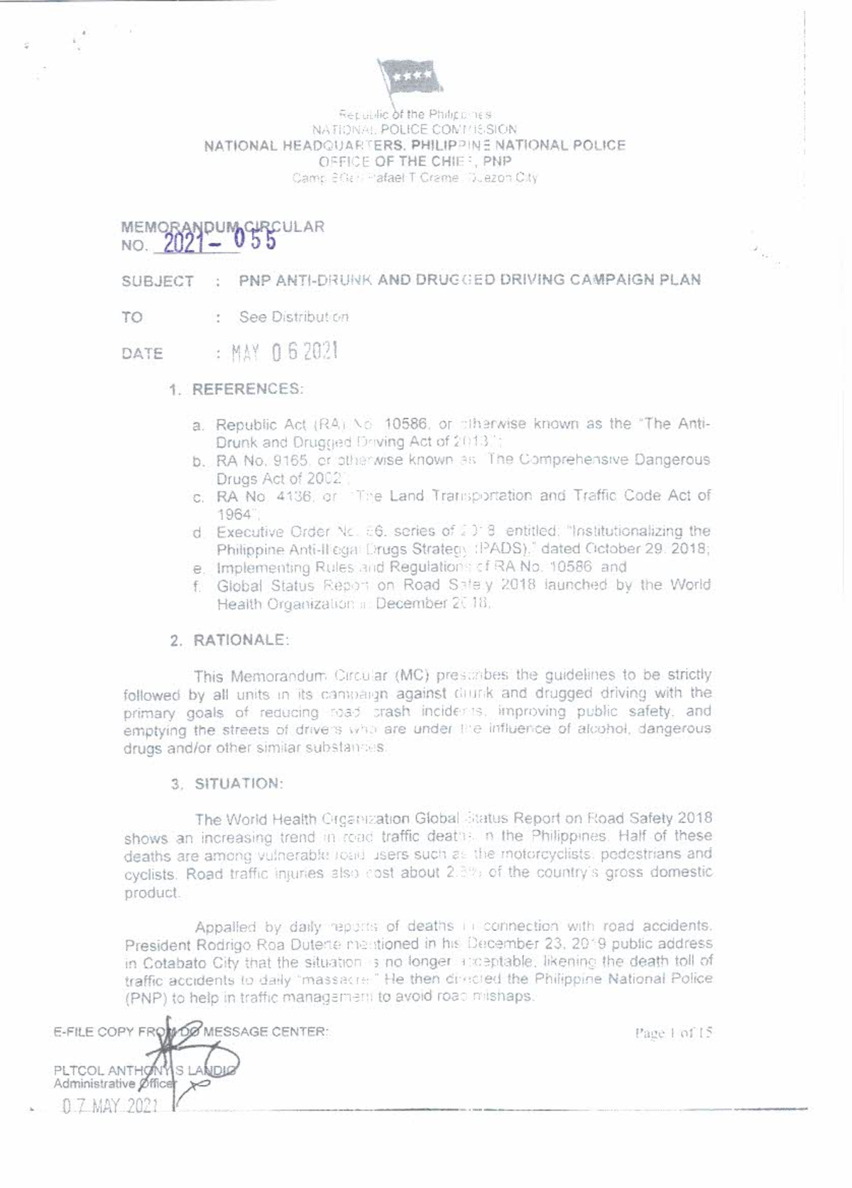PNP Memorandum Circular No. 2021-055: Campaign Against Drunk and ...
