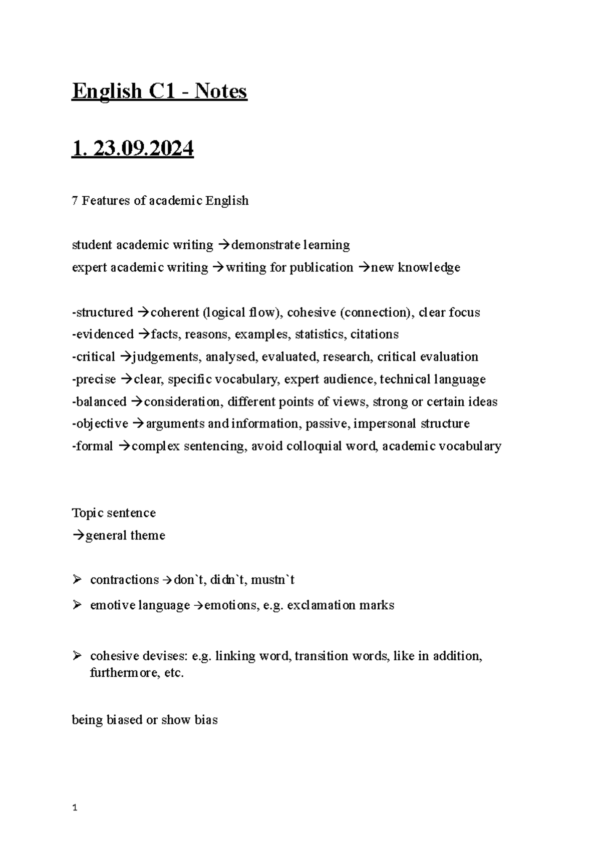 English C1 - notes - English C1 - Notes 1. 23. 7 Features of academic ...
