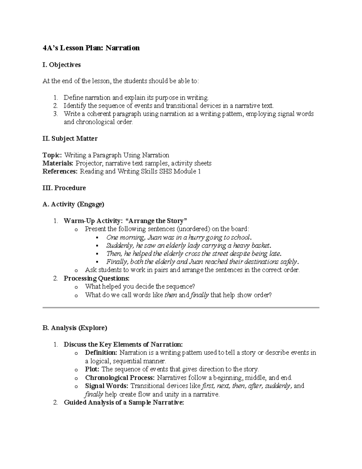 Narration Lesson Plan - english - 4A’s Lesson Plan: Narration I ...
