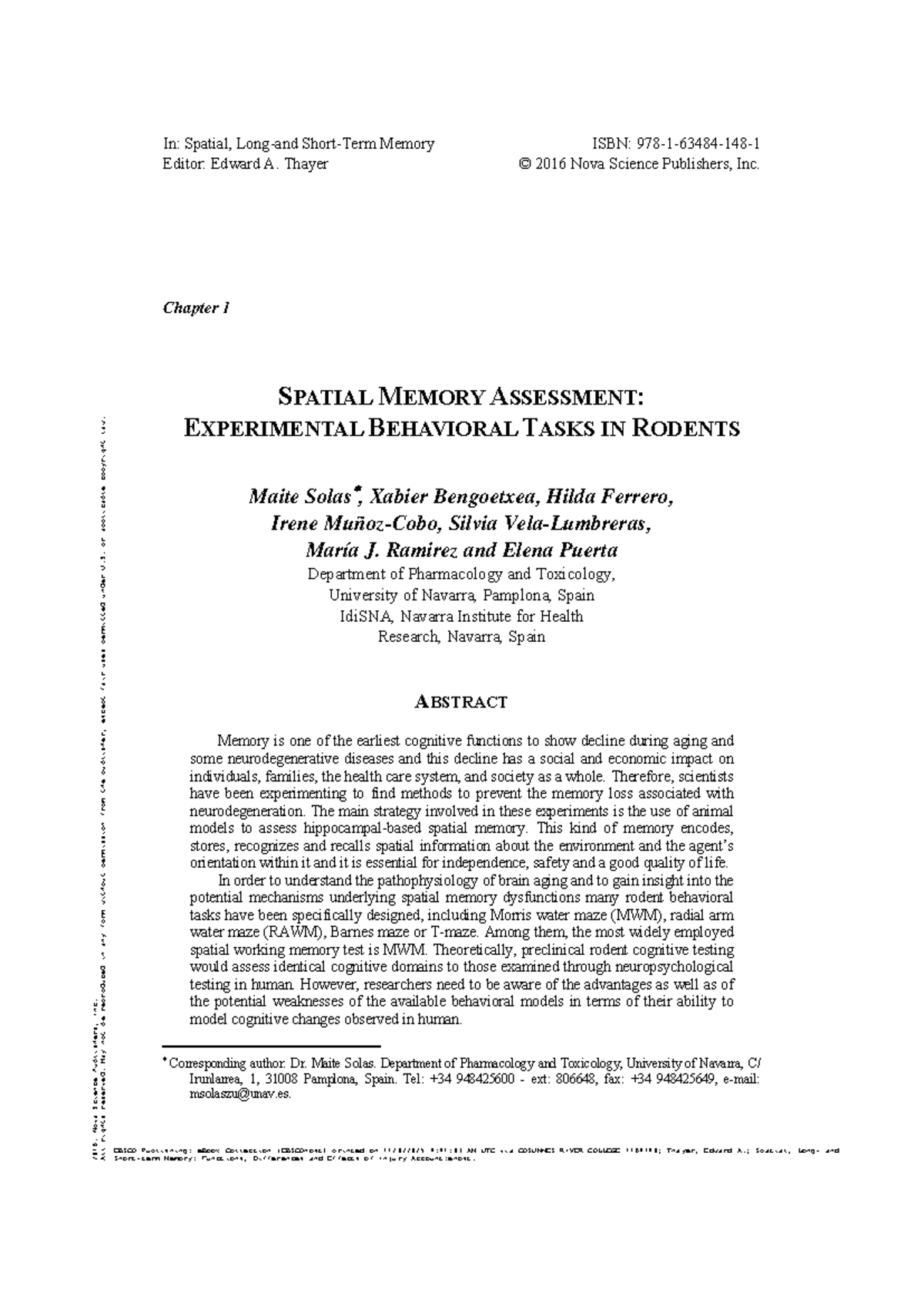Chapter 1: Spatial Memory Assessment in Rodents - Thayer 2016 - Studocu