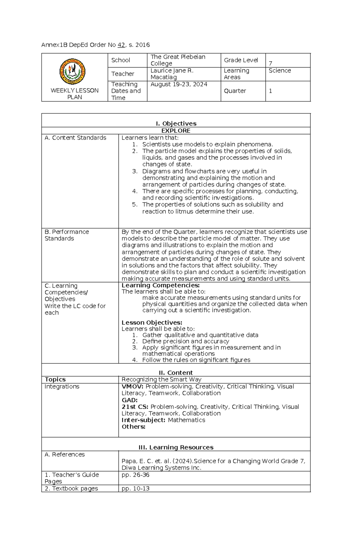 Q1 WLP W3 - weekly lesson plan - Annex1B DepEd Order No 42 , s. 2016 ...