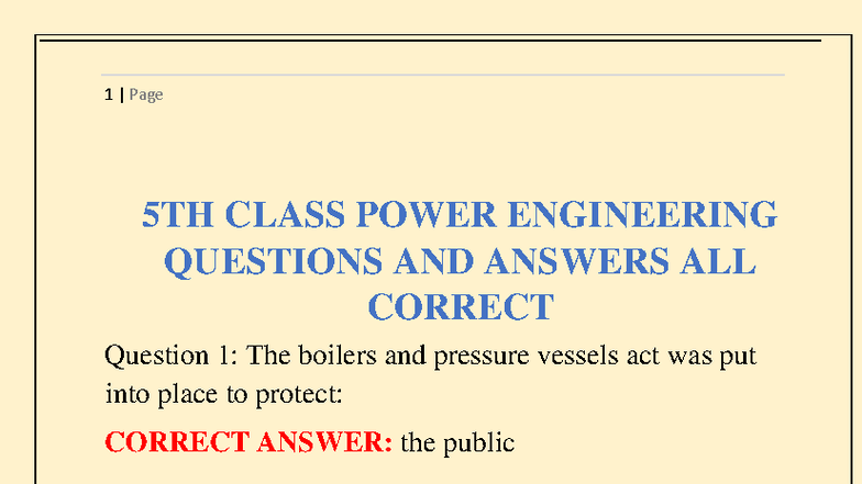 5TH CLASS POWER ENGINEERING Q&A: ALL CORRECT RESPONSES - Studocu