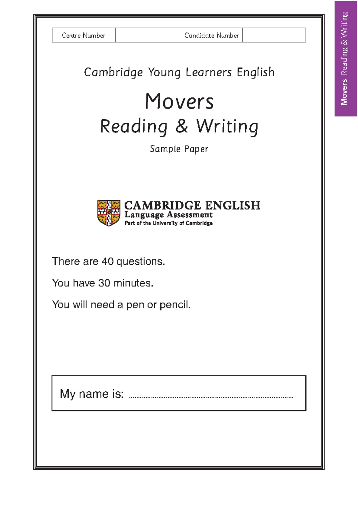 Cambridge Young Learners English Movers Reading & Writing Sample Paper ...
