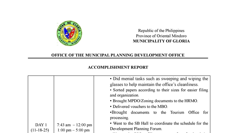 Accomplishment Report 2025 - MPDO, Municipality of Gloria - Studocu