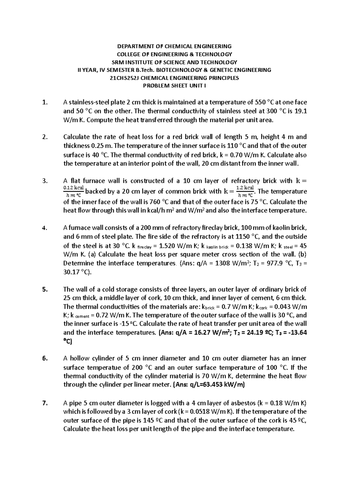 21CHS252J Unit 1 Problem Sheet: Heat Transfer Calculations - Studocu