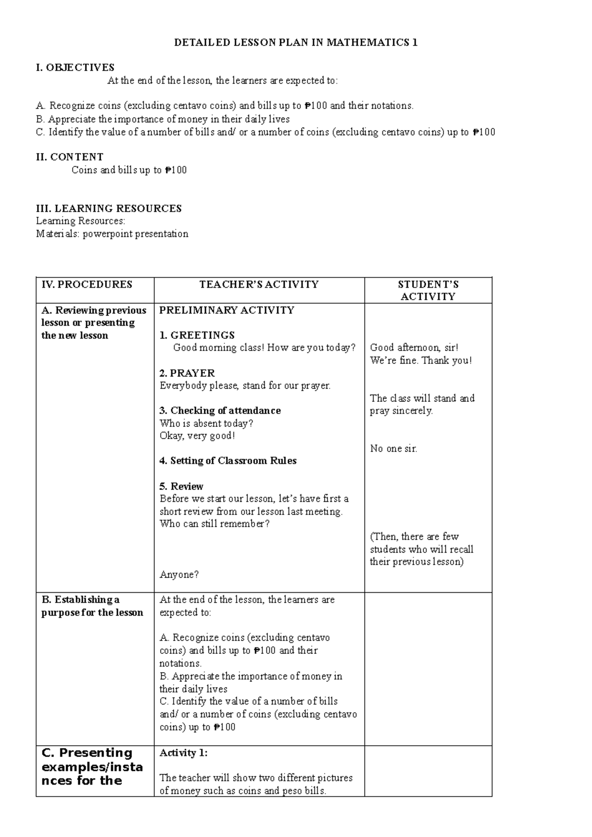 DETAILED LESSON PLAN IN MATH 1: MONEY AND VALUES - Studocu