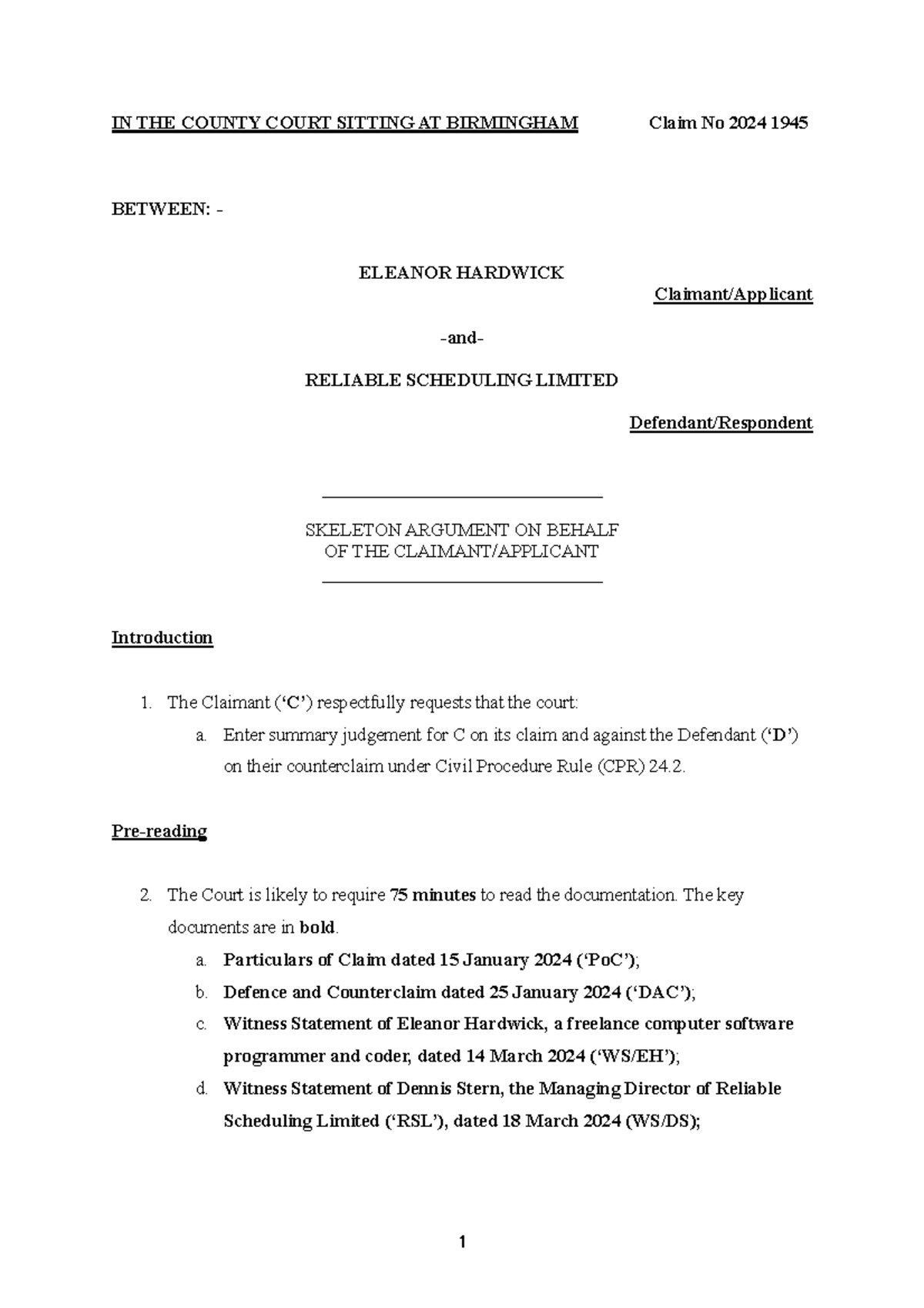 Skeleton summative - IN THE COUNTY COURT SITTING AT BIRMINGHAM Claim No ...
