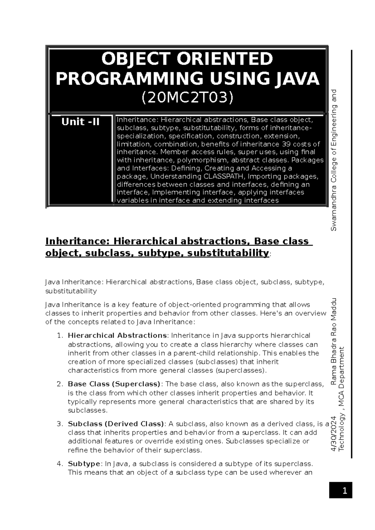 Unit - II Object Oriented Programming Using JAVA - 4/30/ Rama Bhadra ...