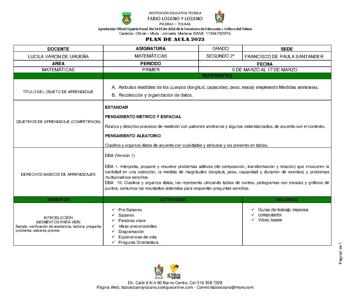 Plan de Aula para Grado 5° by LUZ MILA R. - Tercer Periodo 2023 - Studocu