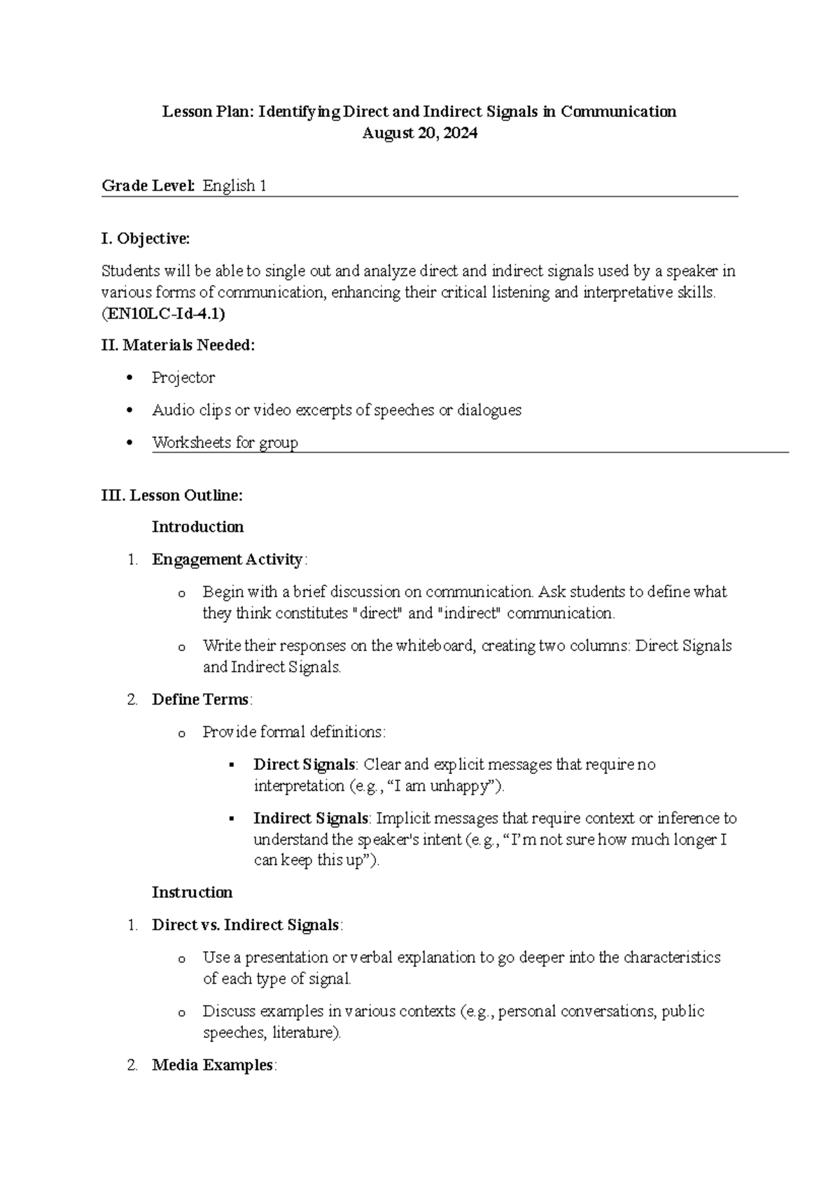 English 10 Lesson Plan: Analyzing Direct and Indirect Signals - Studocu