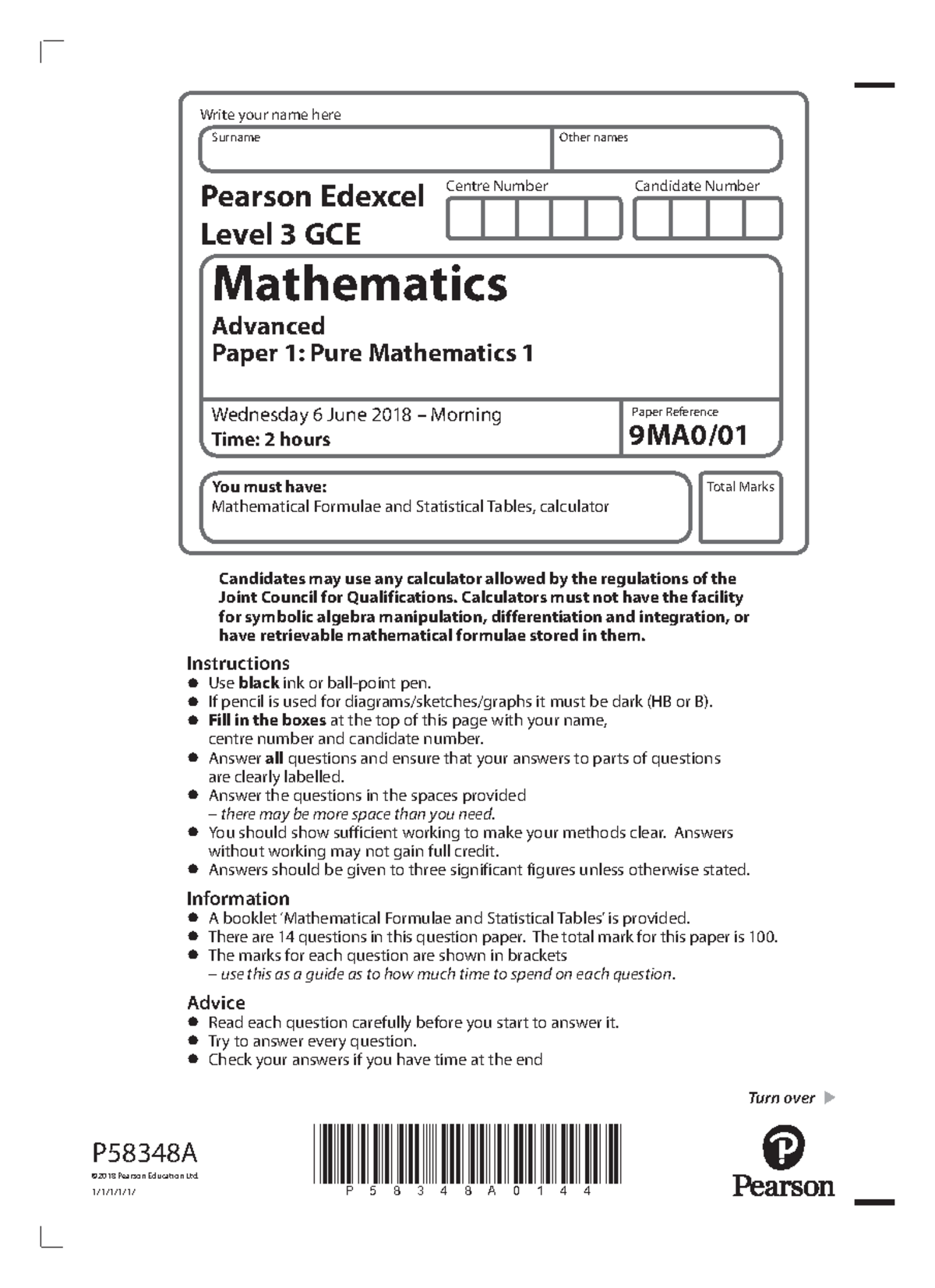 9MA0 01 Pure Mathematics 1 - Exam Paper June 2018 Analysis - Studocu