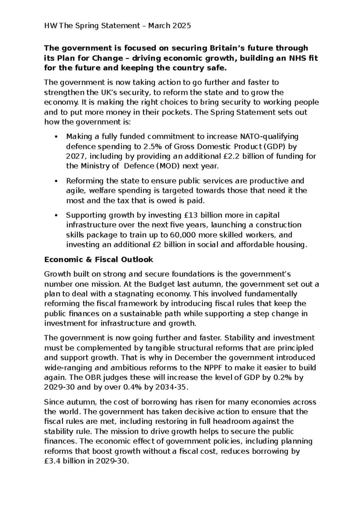 HW Spring Statement March 2025: Economic Growth and Fiscal Policies ...