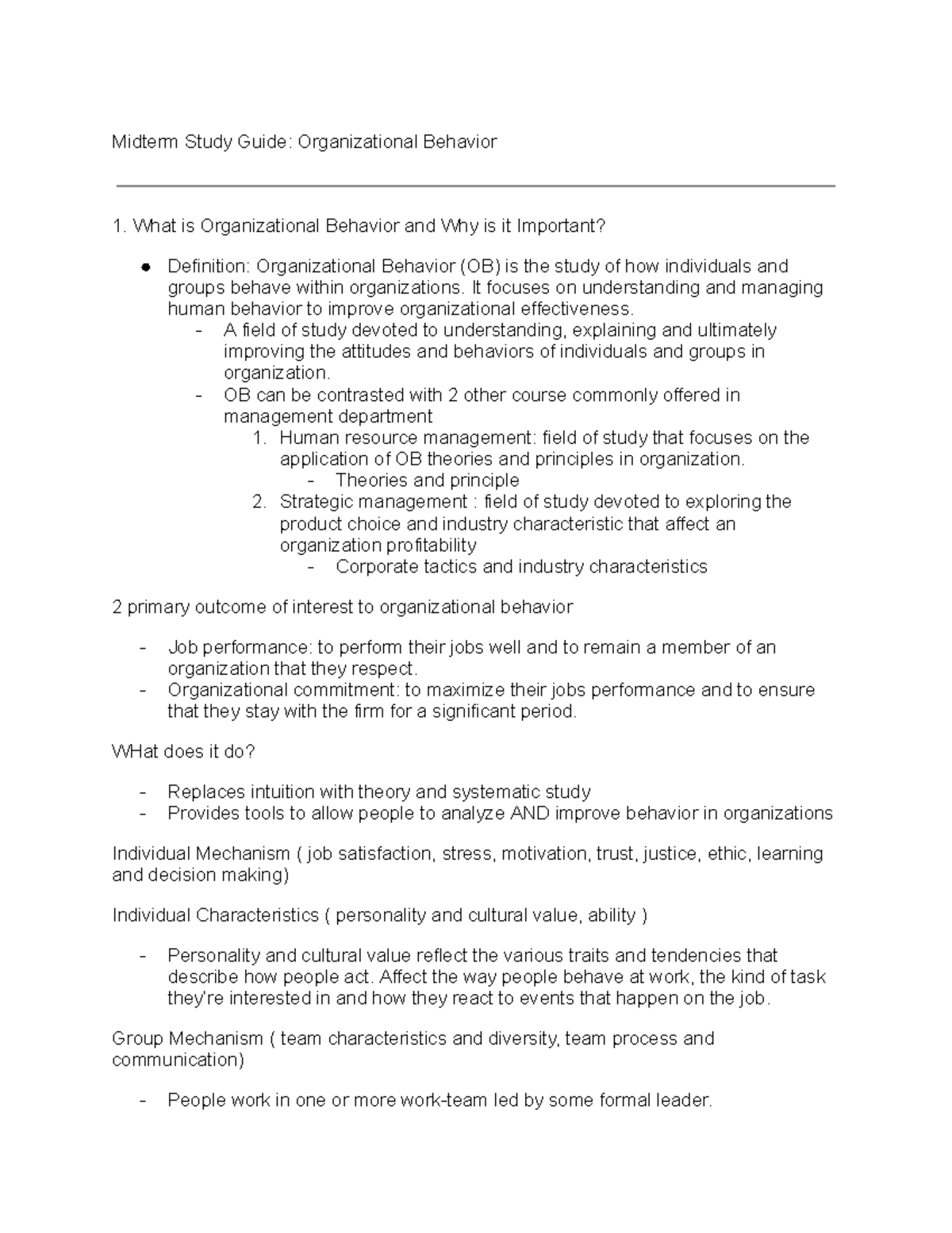 Midterm Study Guide for OB: Key Concepts in Organizational Behavior ...