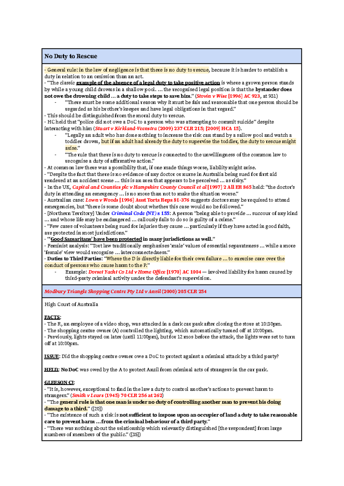 Negligence 2: No Duty to Rescue - Key Legal Principles and Cases - Studocu