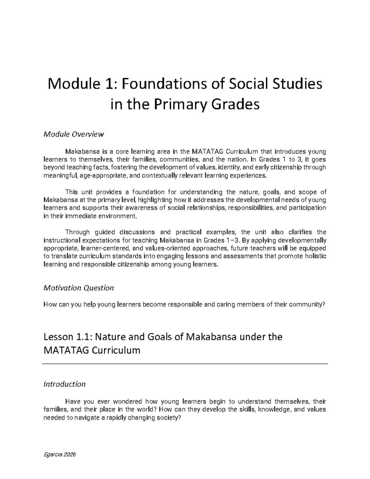 TEGR 103 Module 1: Foundations of Makabansa in Primary Education - Studocu