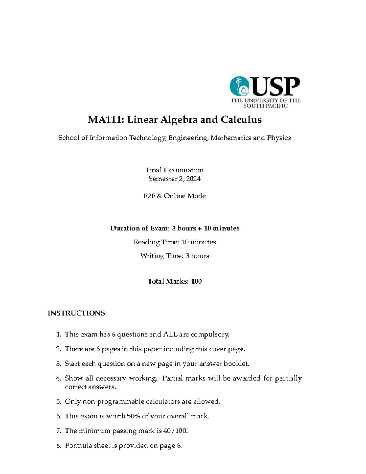 S2 2024 Linear Algebra & Calculus Final Exam QP - Studocu