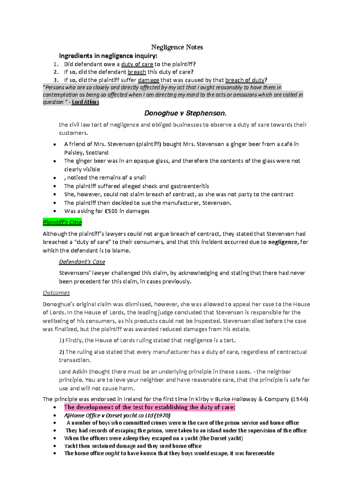 Negligence in Torts: Key Cases and Principles Overview (TORTS 101 ...