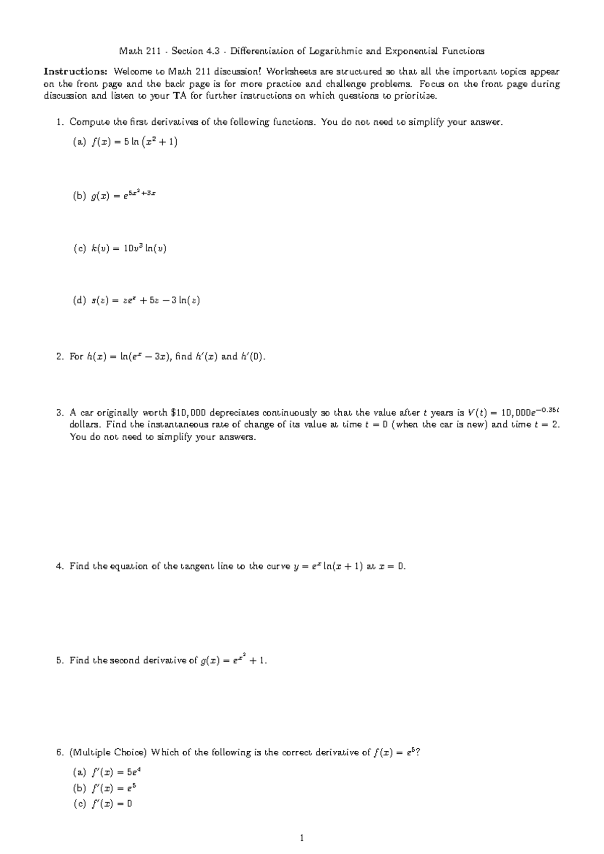 Math 211 - Section 4.3 - Differentiation of Logarithmic Functions - Studocu
