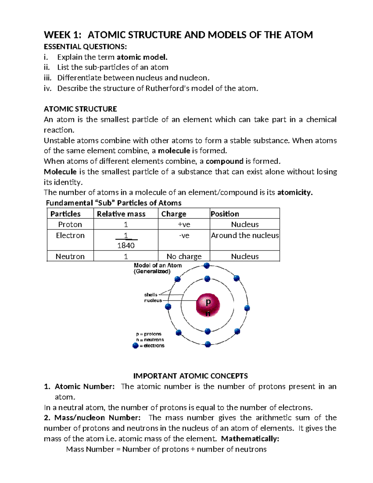 WEEK 1 & 2: Atomic Structure and Models of the Atom Overview - Studocu