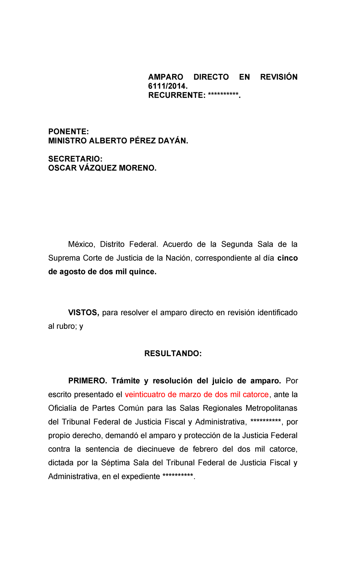 Amparo Directo en Revisión 6111/2014 ante la Suprema Corte de Justicia ...