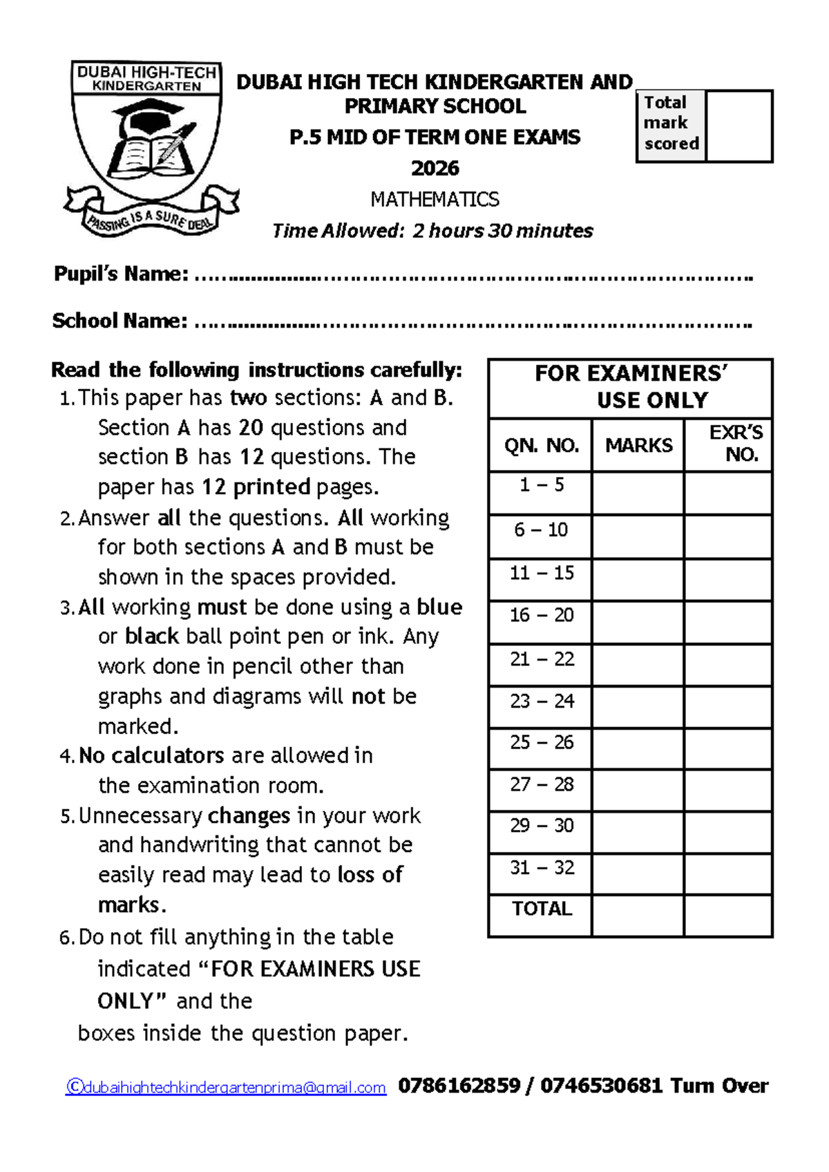 P5 Mathematics Mid-Term Exam 2026 - Dubai High Tech Kindergarten - Studocu