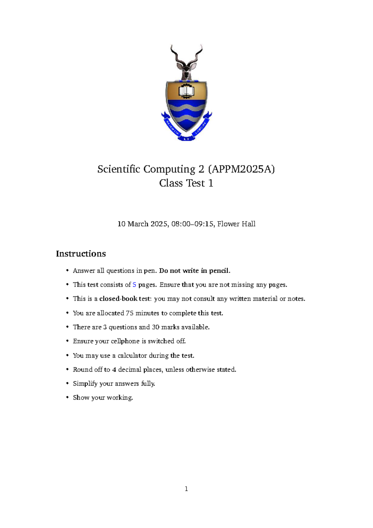 APPM2025A Scientific Computing 2 Class Test 1 Memo - March 2025 - Studocu