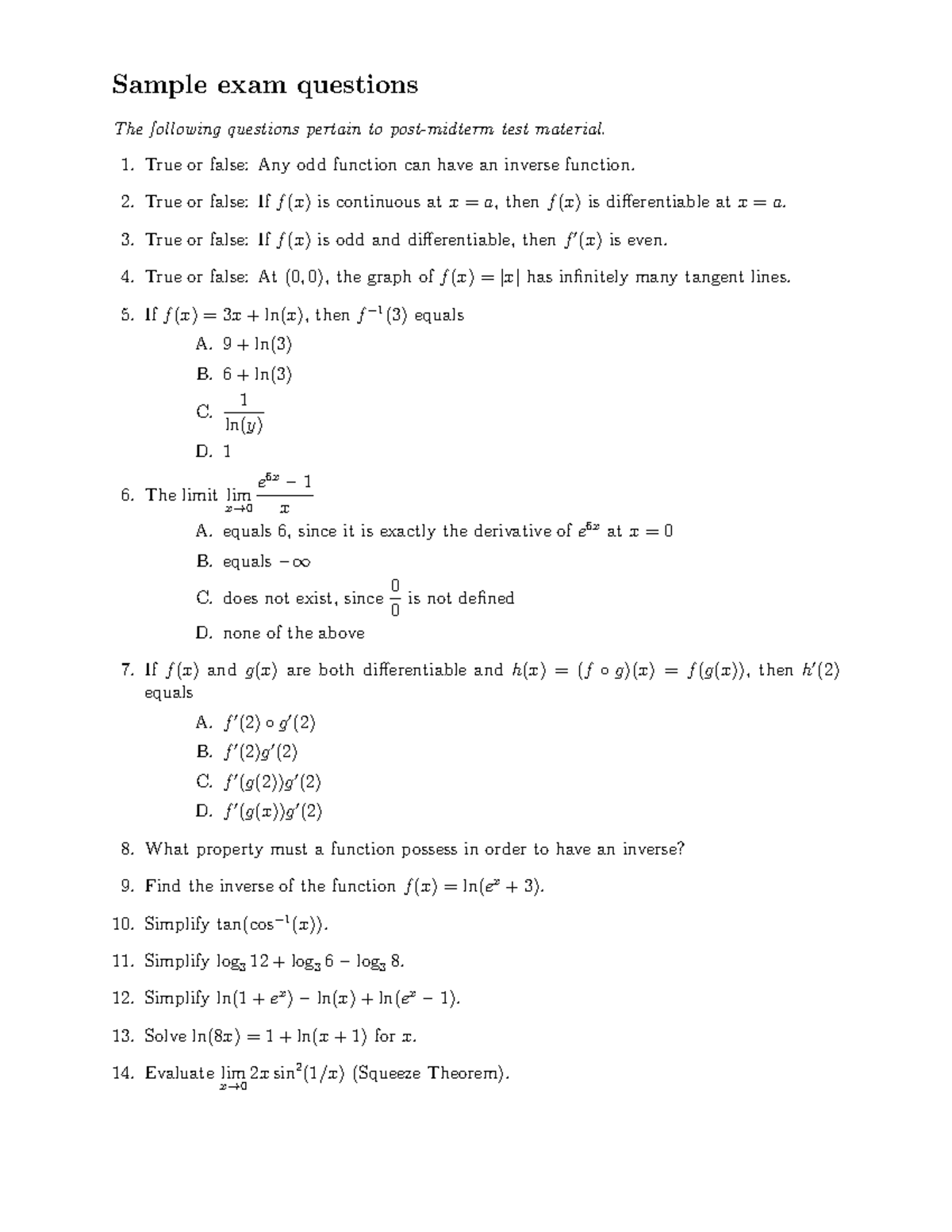 Sample Exam Questions for Math 101: True/False & Problem Solving - Studocu